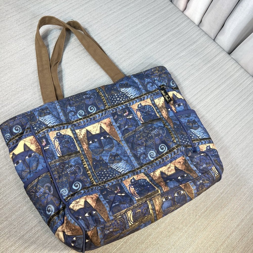 Laurel Burch Indigo Cats Patchwork Zippered Top Medium Tote - Picture 3 of 12
